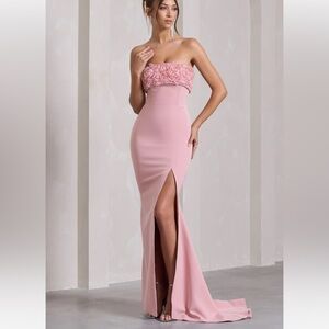 Club London Allegra|Pink Bandeau Split Fishtail Maxi Dress with Flowers
